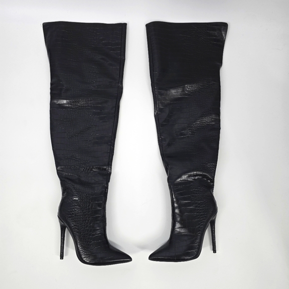 Pretty Little Thing Shoe Women's 5 Croc PU Pointed High Heel Over The Knee Boots - Picture 1 of 9